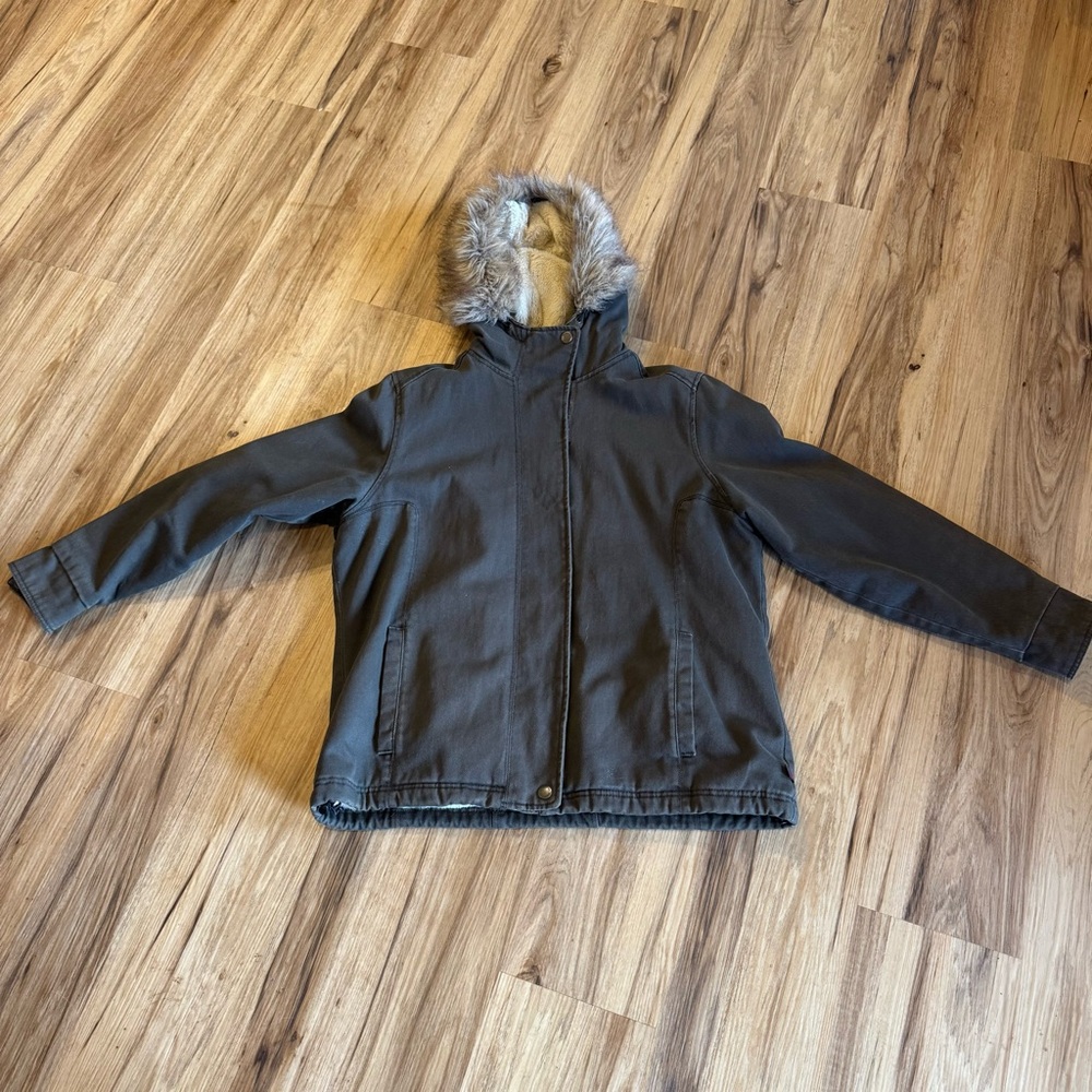 Woolrich Coat Women’s Large Olive Canvas Sherpa Lined Adjustable Hem Fur Hood